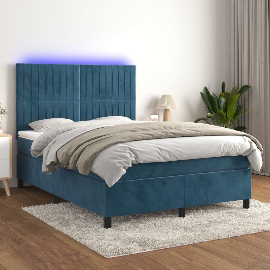 "2024"Modernen Boxspringbett mit Matratze & LED Dunkelblau 140x200 cm Samt Design Klassische Jugendbett 9984647