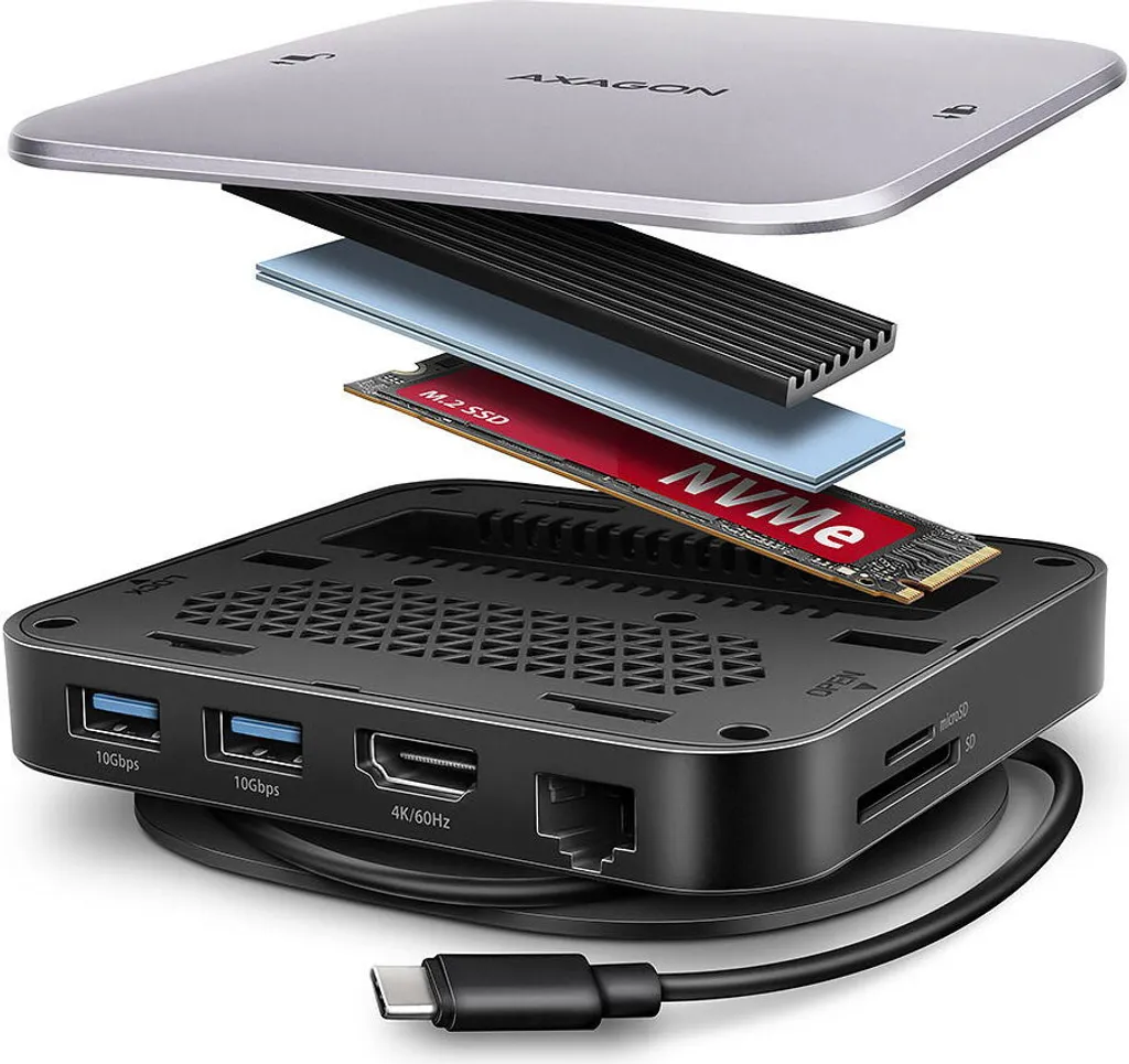 AXAGON HMC-UFO Hub USB-C avec Boîtier M.2 NVMe SATA et Ethernet 1Gbps