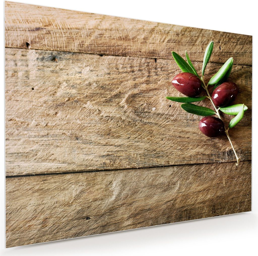 Glasbild Wandbild Olivenzweig auf Holztisch 100x75cm in XXL für Wohnzimmer, Schlafzimmer, Badezimmer, Flur