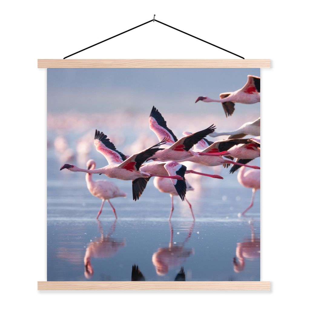 MuchoWow Textilposter Flamingo - Vogel - Wasser - Rosa 120x120 cm mit holzfarbenen Rahmen - Textil-Poster