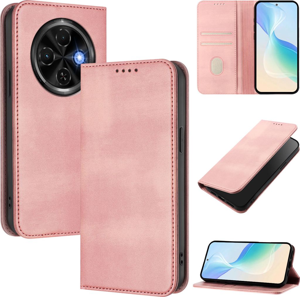 Handyhülle für Tecno Spark 30C 4G, Vintage Leder RFID Schutz Kartenfach Standfunktion Magnetische Klapphülle Pink