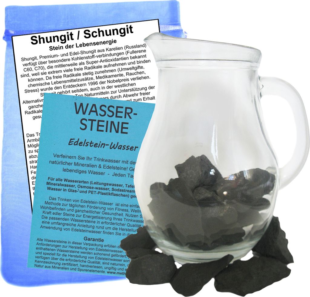 Schungit (Shungite) Rohsteine für Edelsteinwasser zum Wasser energetisieren + 1 Liter Glaskrug + Beschreibung