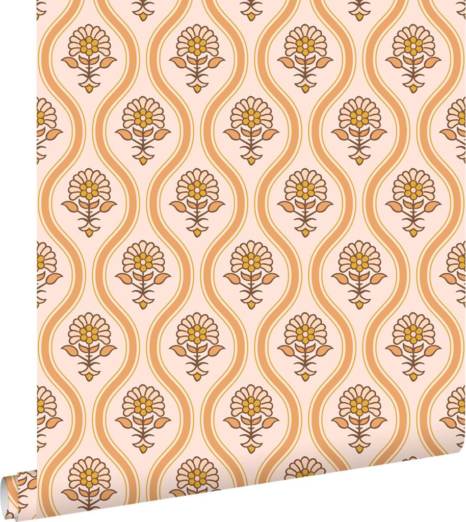 ESTAhome Tapete Blumenmuster Orange und Beige 50 x 900 cm