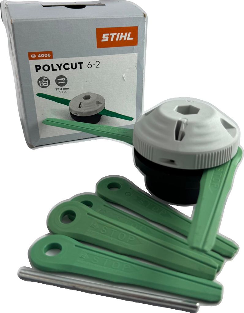 A STIHL PolyCut 6-2 trimmer head and replacement blades are shown with their packaging.