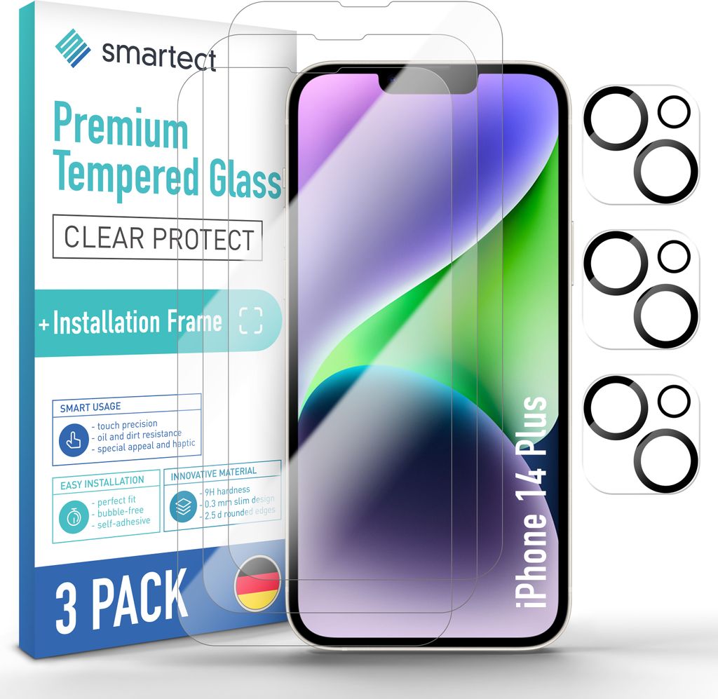3x Schutzglas Panzerfolie für iPhone 14 Plus Anbringhilfe + Produktbild 