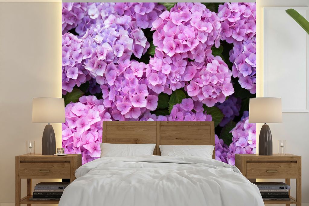 MuchoWow Fototapete für Wohnzimmer oder Schlafzimmer Wandtapete Vinyl Motivtapete Blumen - Hortensie - Strauch - Rosa - Blütenblätter - 300x30...