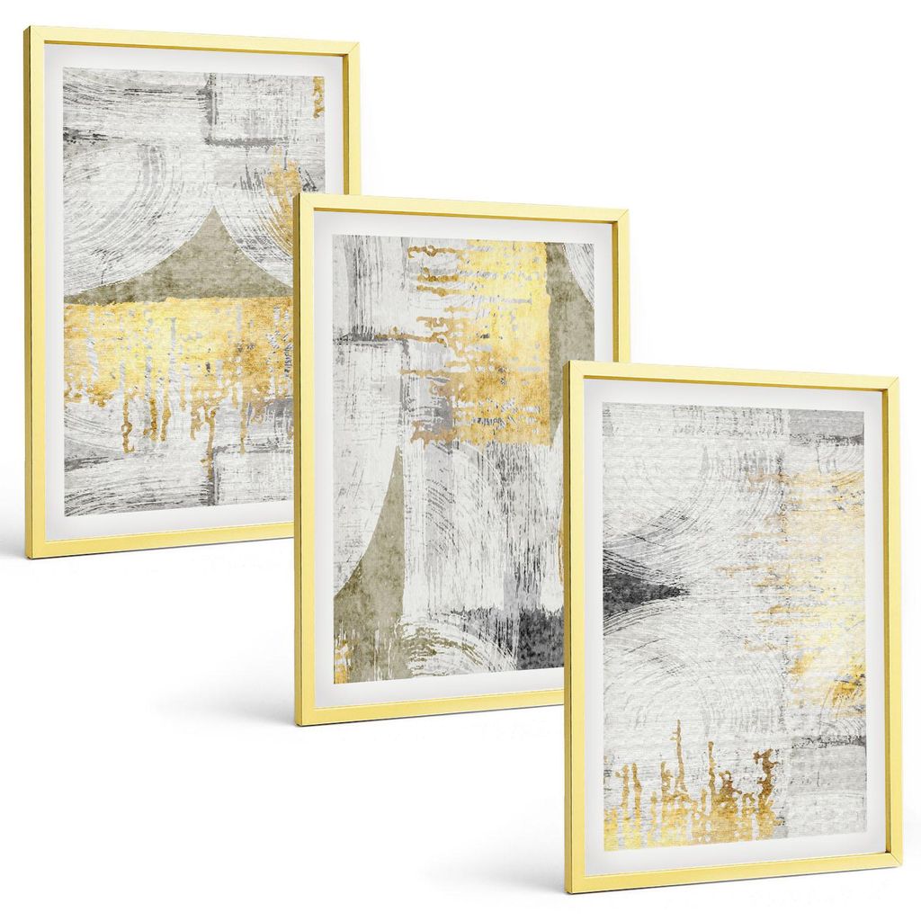 Bilder Set 3-teilig im Goldrahmen Rahmen – Wandbilder 3 Stück – gerahmte Poster für Wohnzimmer, Schlafzimmer und Flur – 40x60 cm – Abstra...