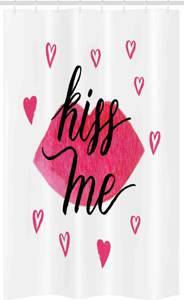 ABAKUHAUS Küss mich Schmaler Duschvorhang, Schmutz-Herz-Lippenstift, Badezimmer Deko Set aus Stoff mit Haken, 120 x 180 cm, Schwarz Weiß Rosa