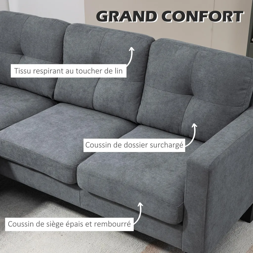 Canapé d'angle gris 3 places modulable pour optimiser l'espace salon