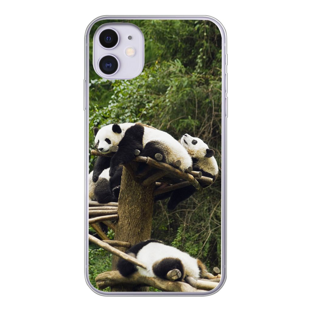 MuchoWow Handyhülle Schutzhülle Hülle für iPhone 11 Pandas - Holz - Treppe Silikon Softcase Handy Hülle - Handytasche