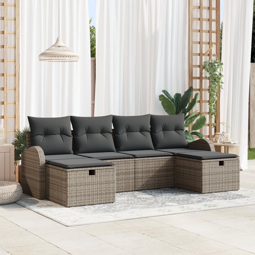 6-tlg. Garten-Sofagarnitur mit Kissen Grau Poly Rattan, Design Gartensofas Neu