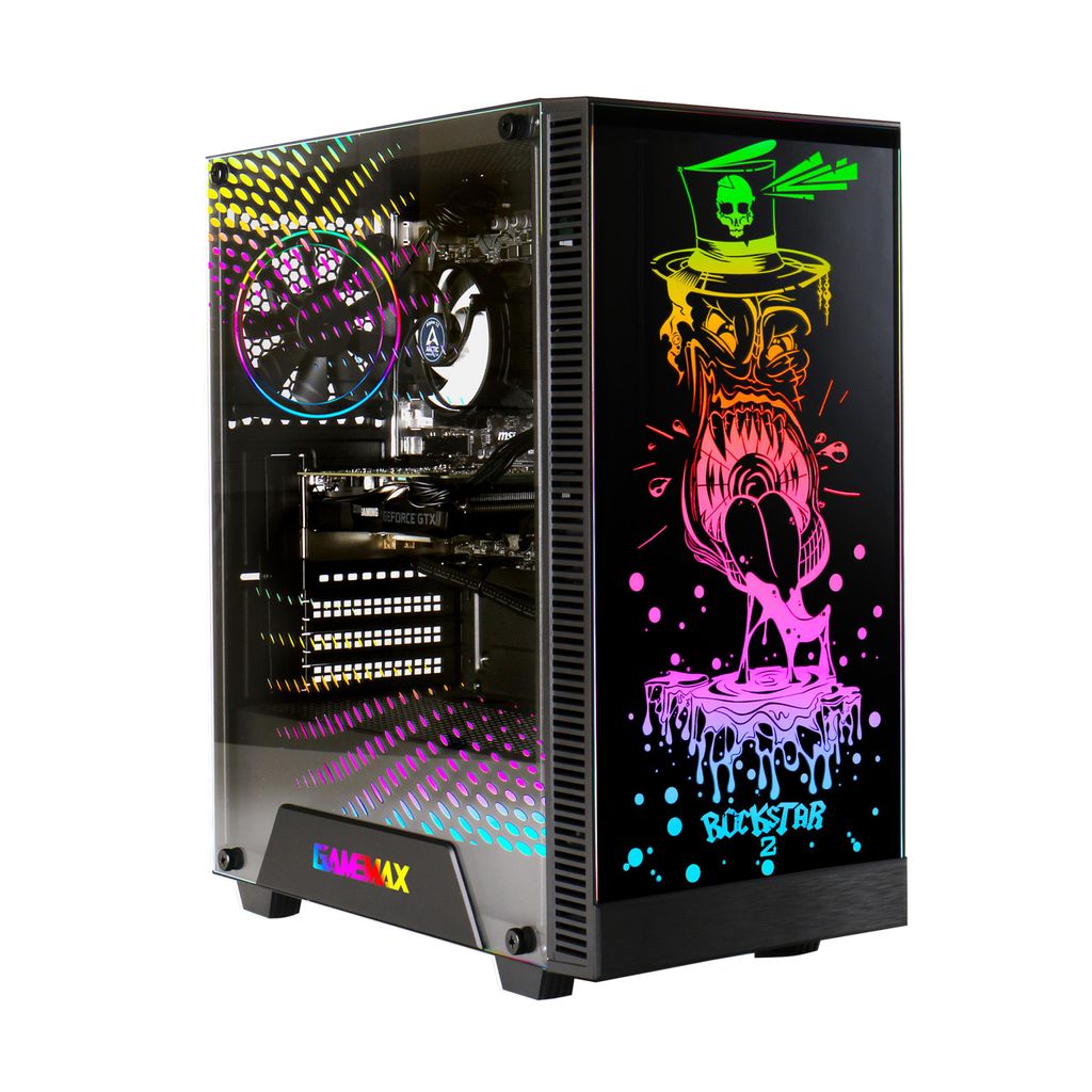 A gaming PC with a custom design and RGB lighting, shown against a white background. The side panel has a graphic of a skull wearing a top hat, with colorful dripping paint.