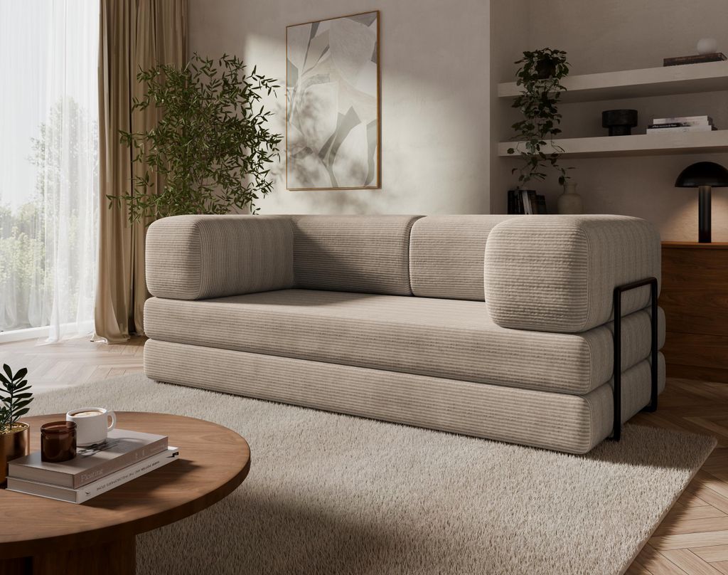 Maya Modularsofa 200x100 cm Cord Schlafsofa mit Metallgestell Ausziehbar Cappuccino POSO 02
