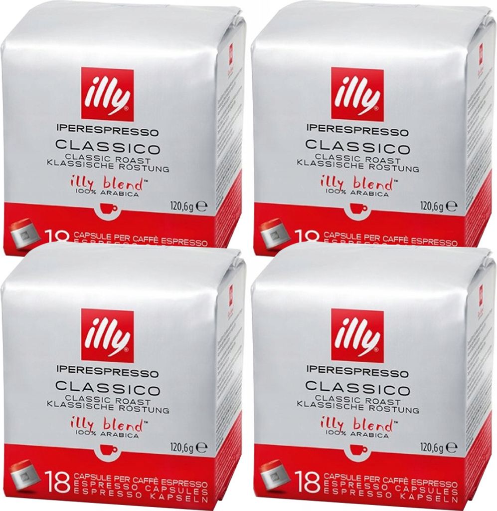 Four packages of Illy iperespresso Classico coffee capsules are arranged in a 2x2 grid.