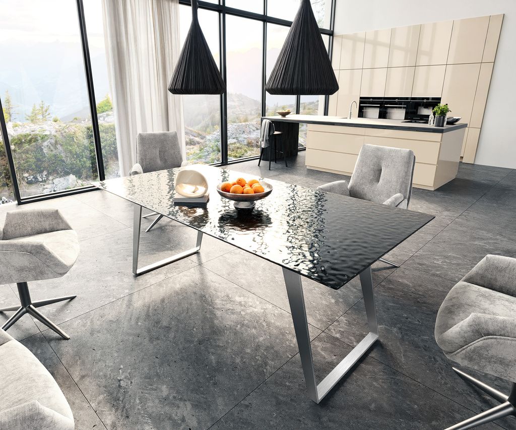 DELIFE Esstisch Edge 200x100 Reliefglas Rauchschwarz 3D-Design Edelstahl Schräg