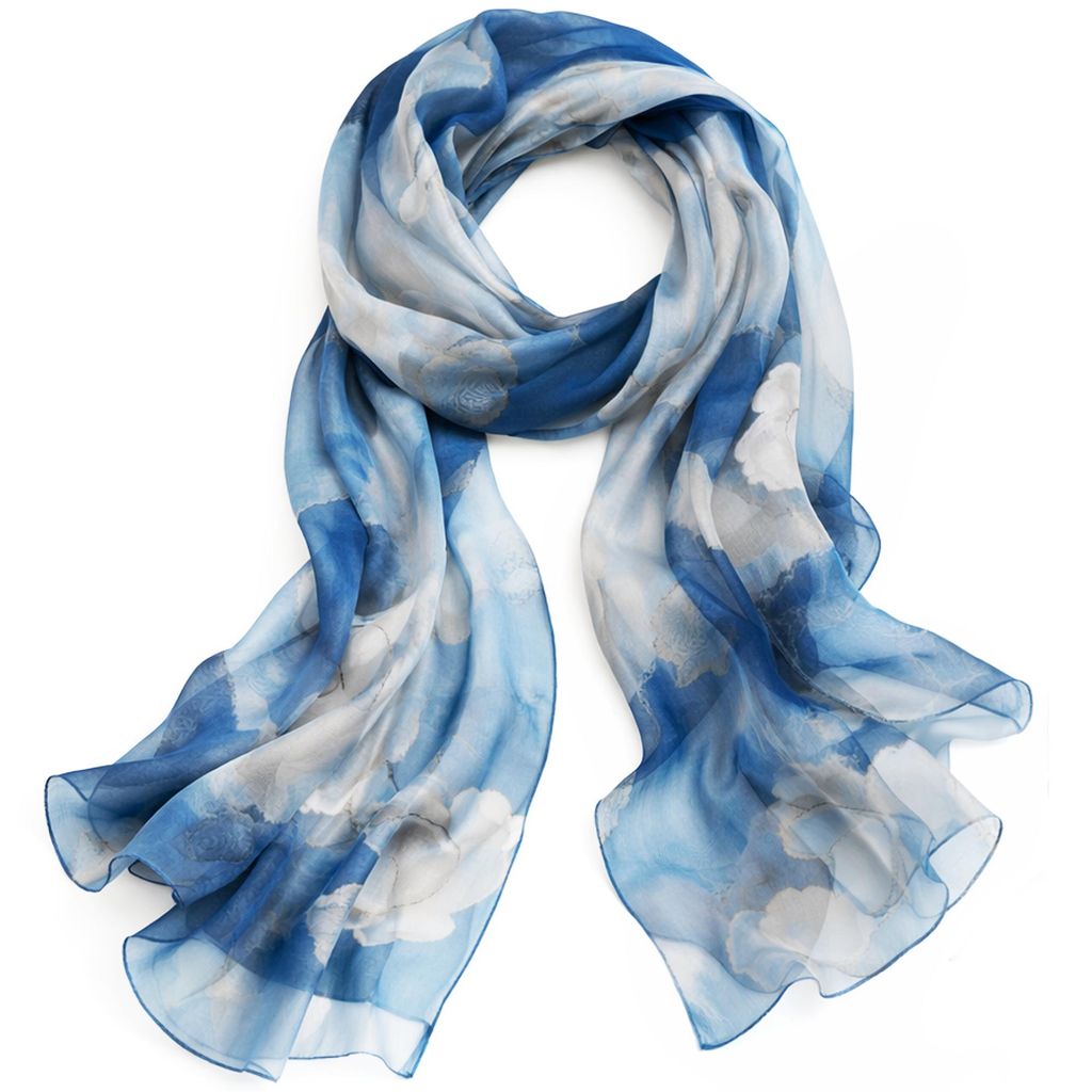 Écharpe en soie pour femme, bleu à motifs floraux, XL, Image du produit 