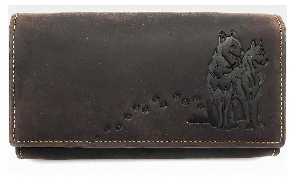 Damen Geldbörse aus echtem Leder mit Huskies und RFID NFC Schutz (Dunkelbraun, lang)