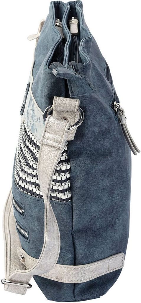 A side view of a blue handbag with silver and black accents.