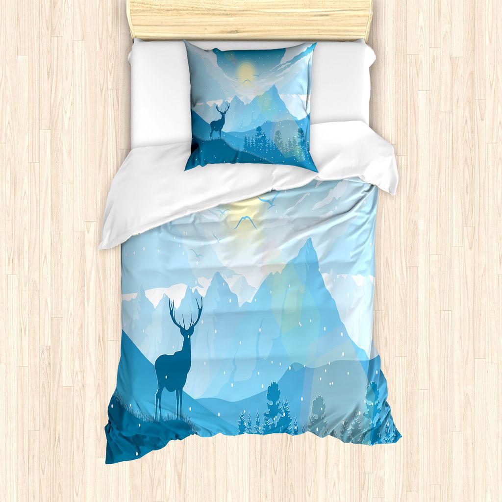 ABAKUHAUS Wild jagen Bettbezug Set für Einzelbetten, Berg Fauna Sonnenaufgang, Milbensicher Allergiker geeignet mit Kissenbezug, 135 cm x 200 cm -...