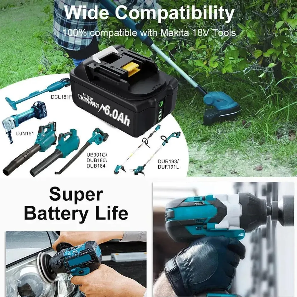 Batteria da 18 V per utensili elettrici - Batteria di ricambio agli ioni di litio - 6000 mAh (6,0 Ah) - Compatibile con BL1830/BL1860 - RoHS - Trasparente - 6