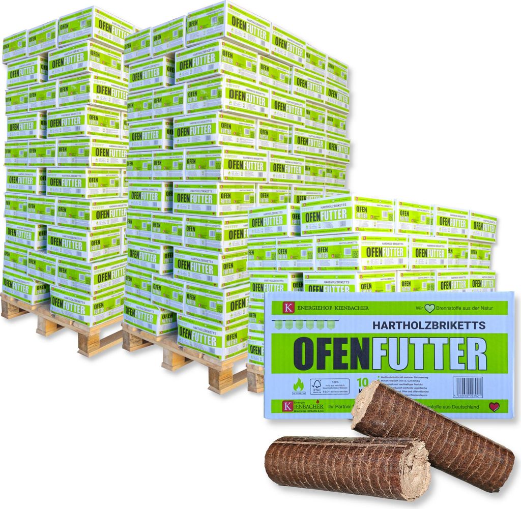 2500 kg Nestro Briketts Hartholzbriketts aus Buche & Eiche im Karton | 250 x 10 kg Holzbrikett auf Palette | Energie Kienbacher