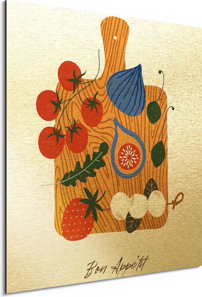 DEQORI Alu-Dibond Bild Gold 30x30 cm 'Bunte Genussplatte' Wandbild Metall dünn Design