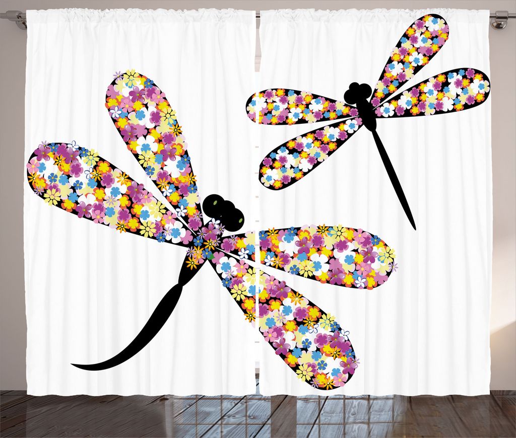 ABAKUHAUS Bunt Rustikaler Gardine, Libellen Schwarz Körper, Schlafzimmer Kräuselband Vorhang mit Schlaufen und Haken, 280 x 245 cm, Mehrfarbig