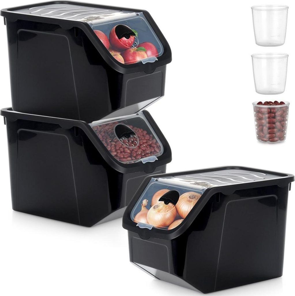 Vilde | Lebensmittelbehälter - 3 Stück - Behälter zur Aufbewahrung von Obst und Gemüse - mit Deckel - Schwarz - 12 l