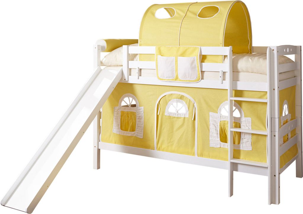 Etagenbett mit Rutsche Doppelbett Lupo Buche massiv Weiss, Vorhangstoff:Gelb Weiss