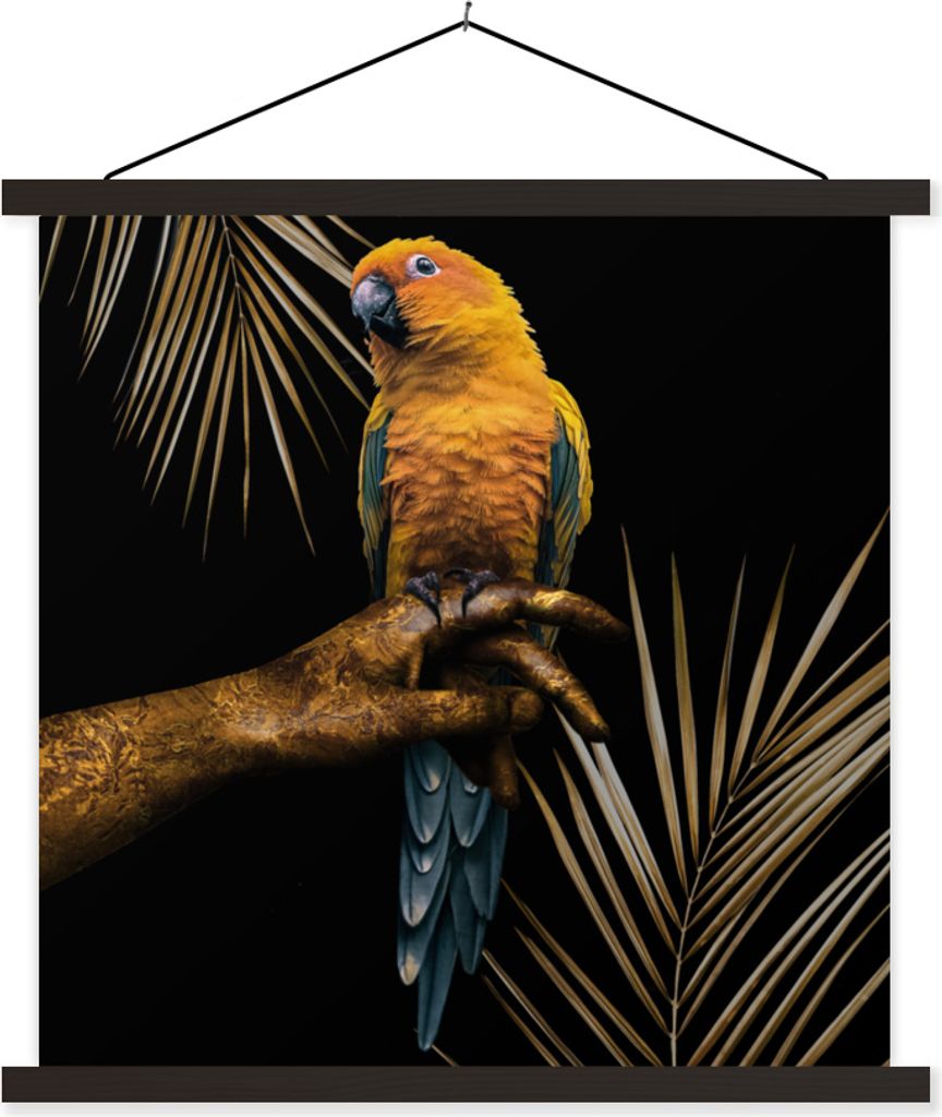 MuchoWow Textilposter Vogel - Papagei - Hand - Gold 120x120 cm mit schwarzem Rahmen - Aufhängungsset