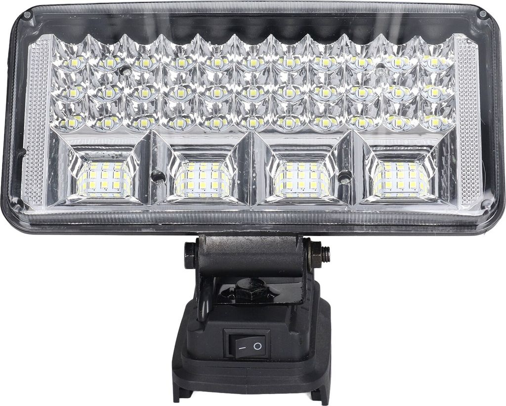 A close-up studio shot of a portable LED work light.