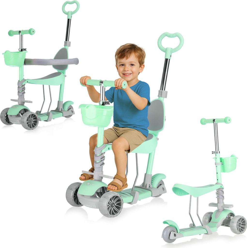 Stars Scooter, Kinderroller, Laufrad für Kinder 5-in-1 - bis 20 kg - Dreirad Scooter, Kick Scooter mit Korb, leuchtenden Rädern, Griff, Seitenschutz