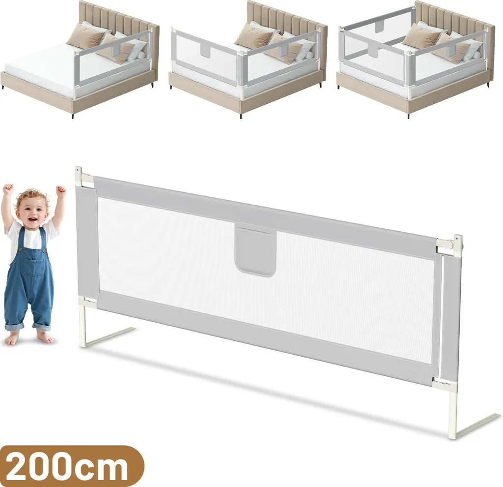 Izrielar Barrière de Lit Bébé 200cm Grise Rétractable et Réglable