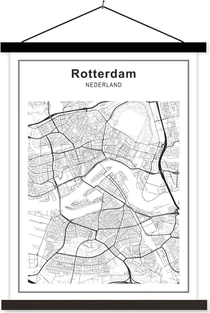 MuchoWow Textilposter Stadtplan - Rotterdam - Schwarz und weiß 90x120 cm mit schwarzem Rahmen - Dekoration