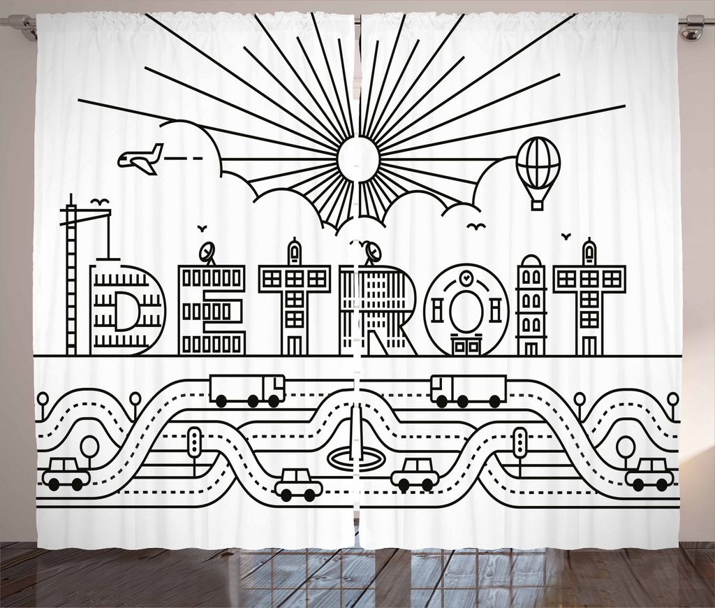 ABAKUHAUS Detroit Rustikaler Vorhang, Gebäude Brief Ballon, Wohnzimmer Universalband Gardinen mit Schlaufen und Haken, 280 x 245 cm, Schwarz und w...