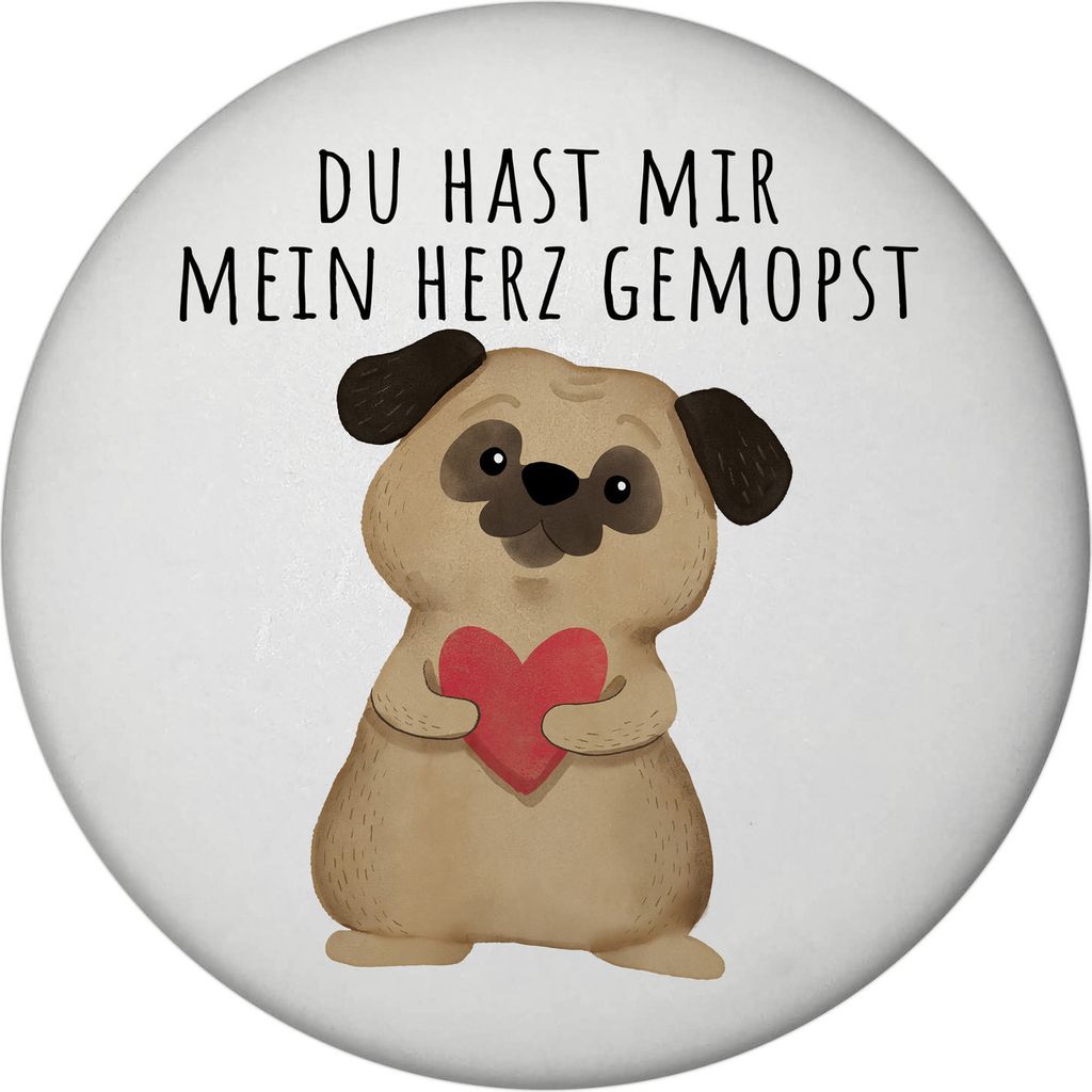 Mops mit Herz Magnet rund mit Spruch Du hast mir mein Herz gemopst