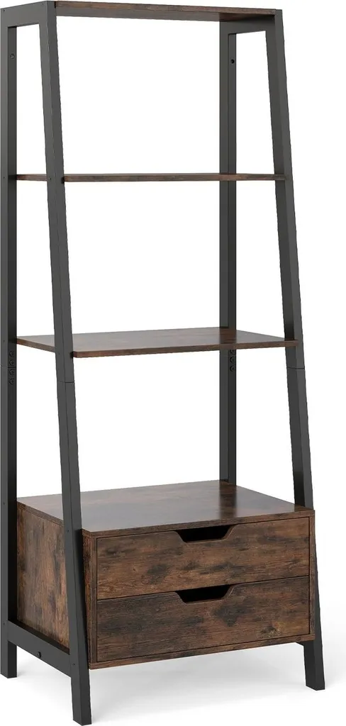 Bibliothèque échelle autoportante 134 cm avec 4 étagères et 2 tiroirs