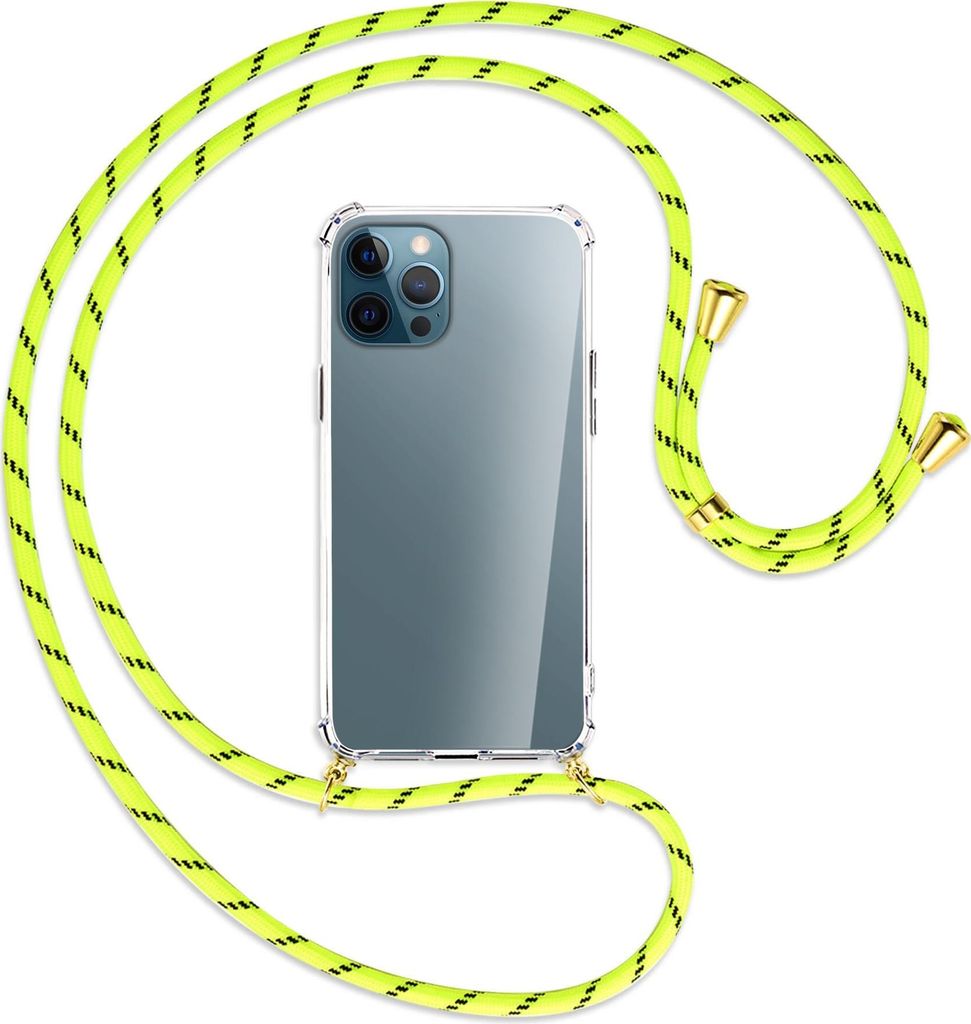 Handykette Backcover-Schutzhülle mit Band (Metall goldfarben) für Apple iPhone 12 Pro Max - neongelb