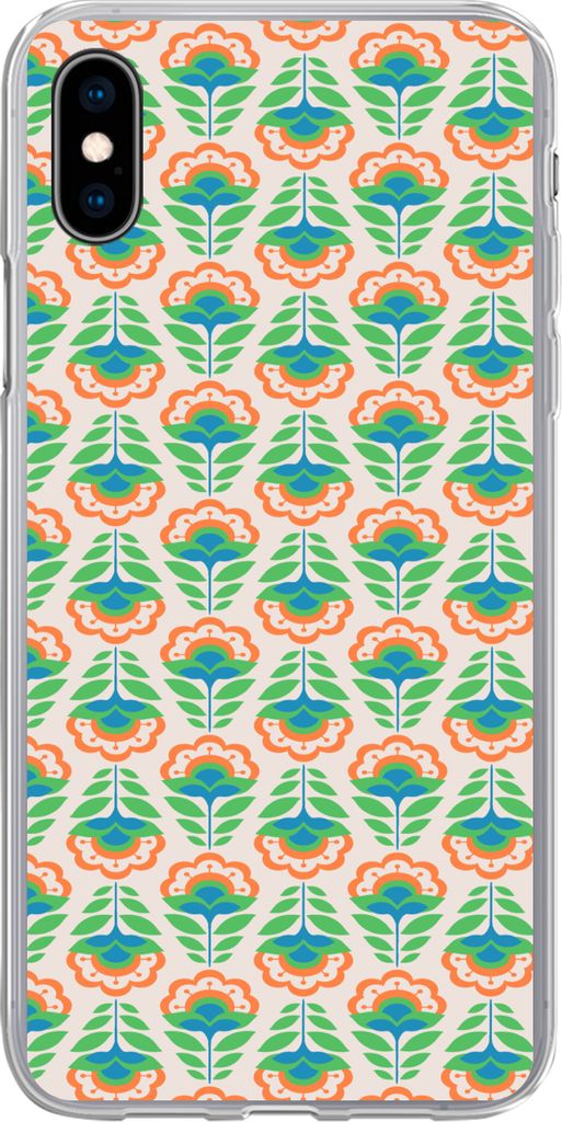 MuchoWow Handyhülle Schutzhülle Hülle für Telefoonhoesje iPhone Xs Retro - Blumen - Design - Grün - Orange Silikon Softcase Handy Hülle - H...