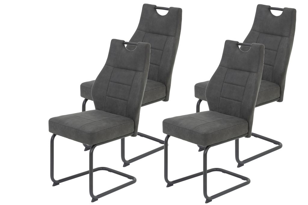 Hela Tische, 4er Set Freischwinger Stuhl LINDA -Bezug Vintage Anthrazit -Komfortsitz Federkorb -Lehne mit Griff -Metallgestell Grau -140 kg belastbar
