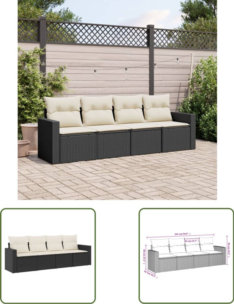 The Living Store 4-tlg. Garten-Sofagarnitur mit Kissen Schwarz Poly Rattan