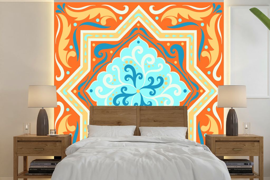 MuchoWow Fototapete für Wohnzimmer oder Schlafzimmer Wandtapete Vinyl Motivtapete Geometrische Formen - Blau - Orange - 280x280 cm - Hintergrund...