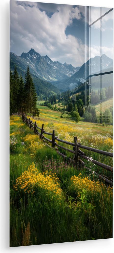 MuchoWow Glasbilder - Bilder auf Wandbild - Foto auf Glas Feld - Zaun - Berge - Blumen 60x120 cm Wanddekoration aus Glas - Acrylglasbild - Acrylbil...