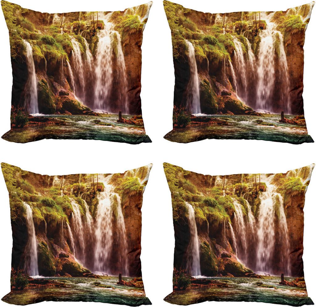 ABAKUHAUS Natur Kissenbezug Set (4 Stück), Wasserfall Wald Bäume, Moderner Doppelseitiger Digitaldruck, 40 cm x 40 cm, Grün und Brown