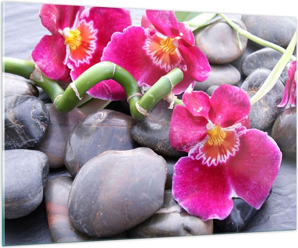 Bilder auf glas - Asiatisch bambus orchidee steine - 100x70cm - Glasbilder - Wandbilder - Kunstdruck - zum Aufhängen bereit - Wanddekoration aus G...