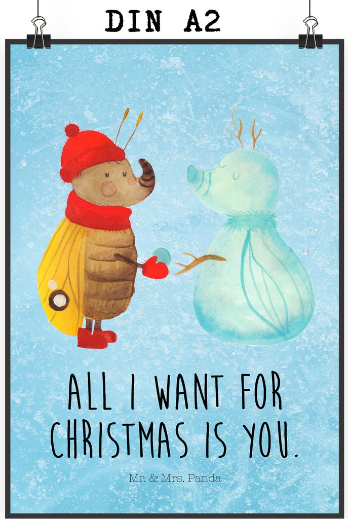 Mr. & Mrs. Panda Bild Nachtfalter Schneemann DIN A2 - Eisblau - Geschenk, drucke, Weihnachtsgruß, Weihnachten, Plakat, wanddeko, Winter, Wanddekor...