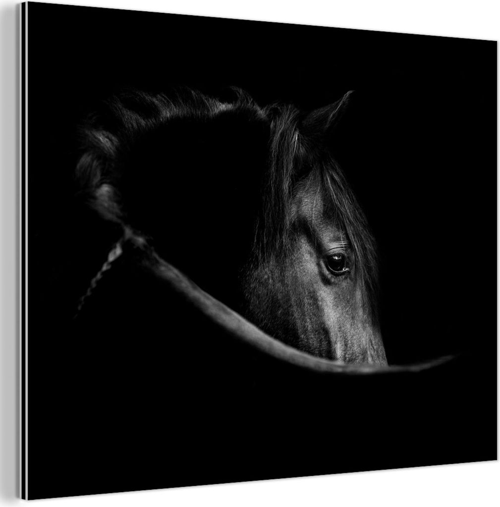 MuchoWow Wanddekoration Metall Metallbild Wandkunst 80x60 cm Pferde - Porträt - Schwarz - Tiere MuchoWow Aluminium Gemälde - Alubild