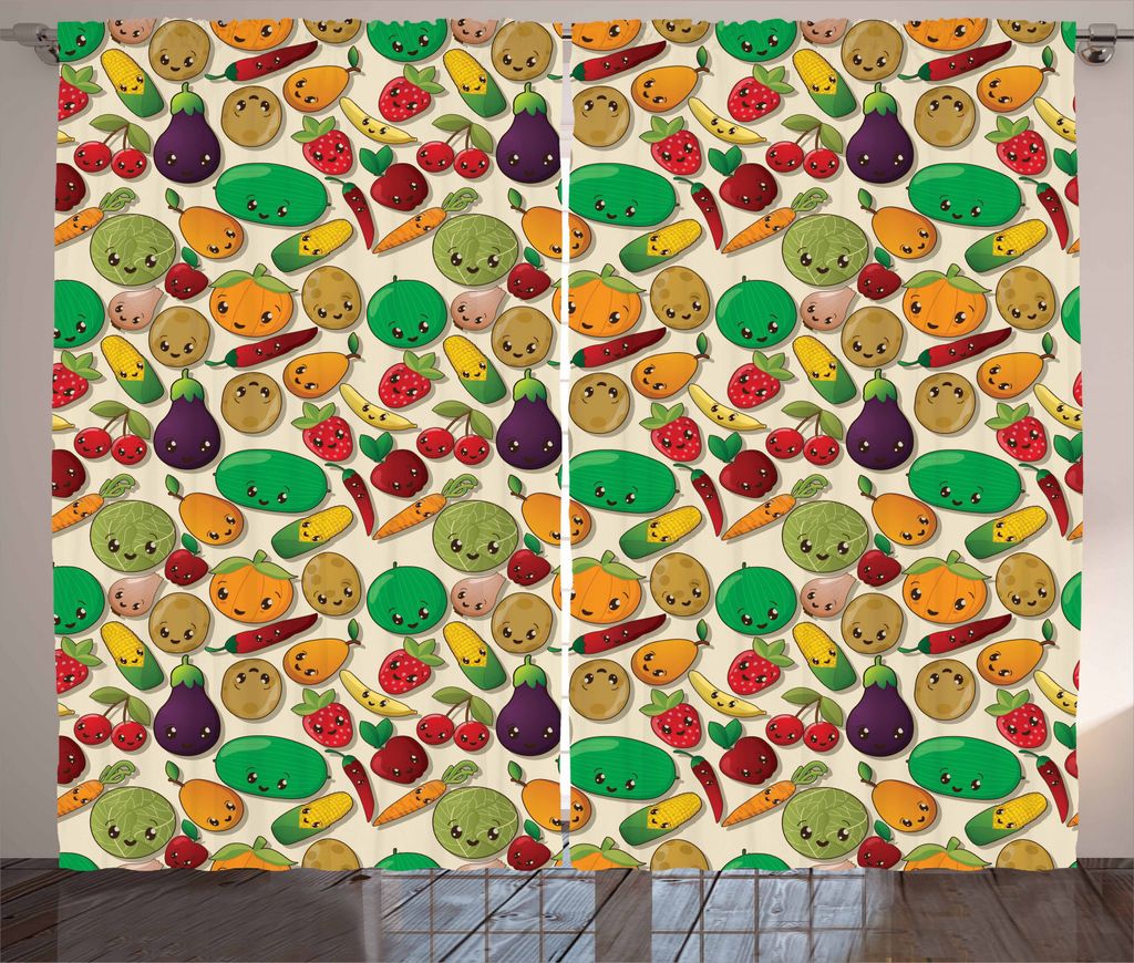 ABAKUHAUS Anime Rustikaler Gardine, Gemüse, Obst, Kawaii, Schlafzimmer Kräuselband Vorhang mit Schlaufen und Haken, 280 x 245 cm, Mehrfarbig