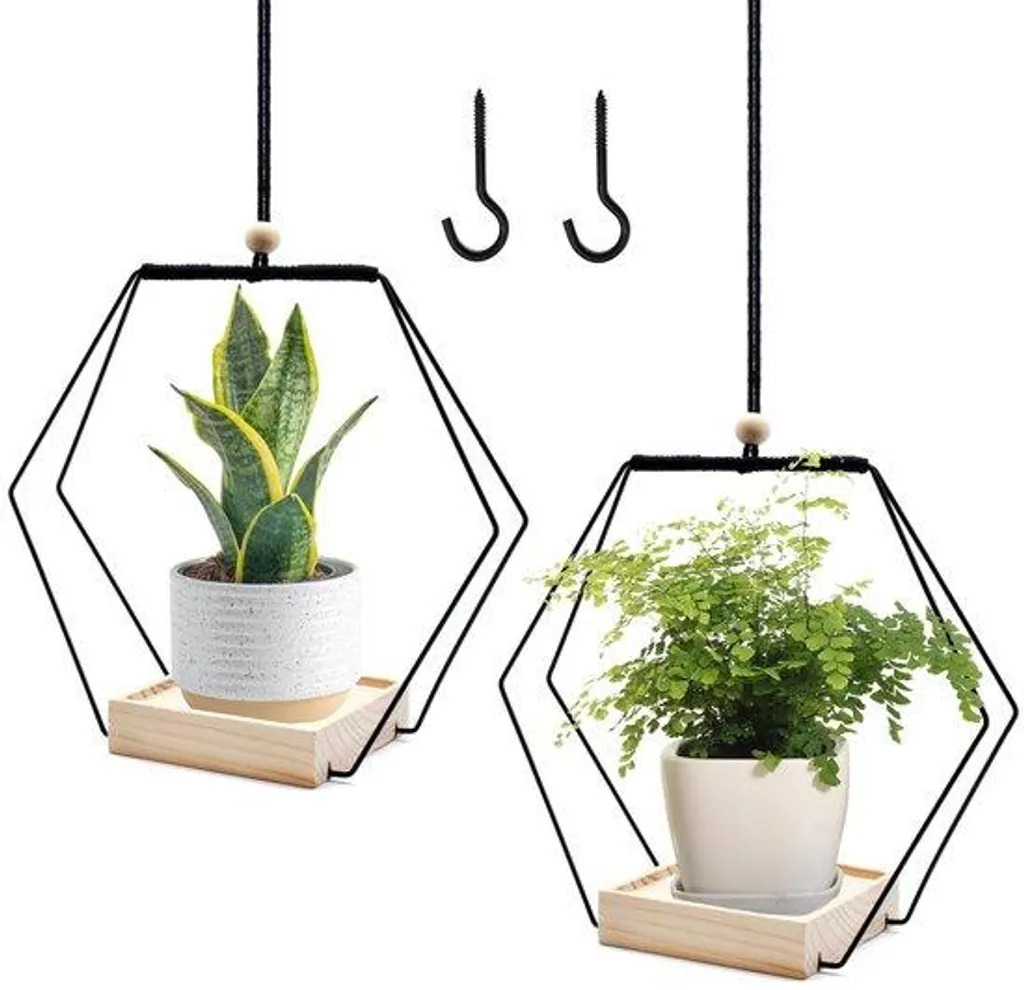 Lot de 2 jardinières suspendues en métal et bois pour plantes d'intérieur