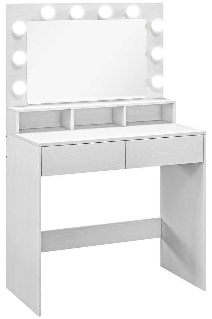 Schminktisch mit beleuchtetem Spiegel 10 Hollywood-Glühbirnen 3 Lichtstufen 2 Schubladen 3 Fächer Kippschutz WeiØ 80 x 40 x 135 cm